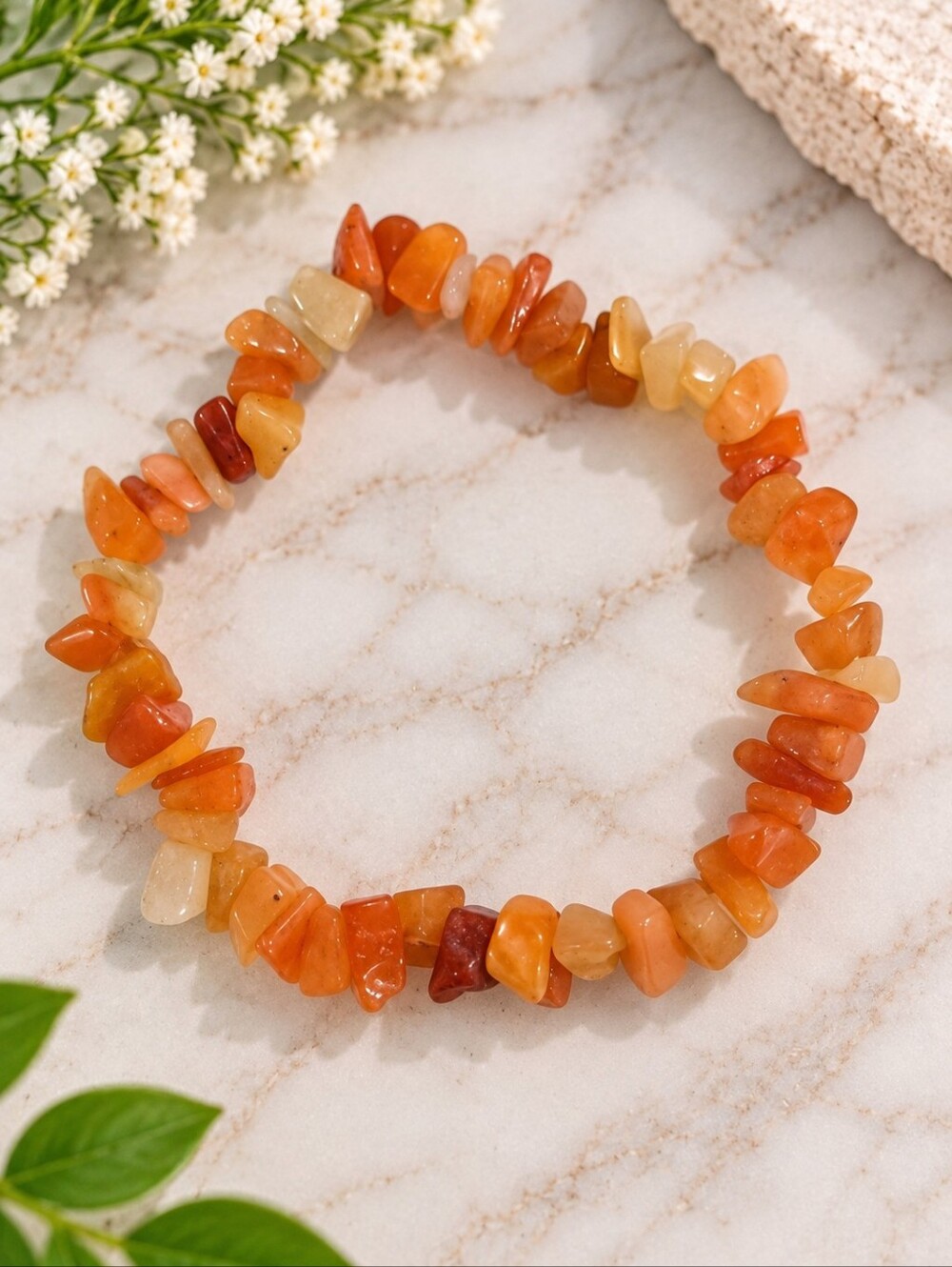 Orange Natural Gemstone Chip Stretch Bracelet – Boho Polished Stone Jewelry